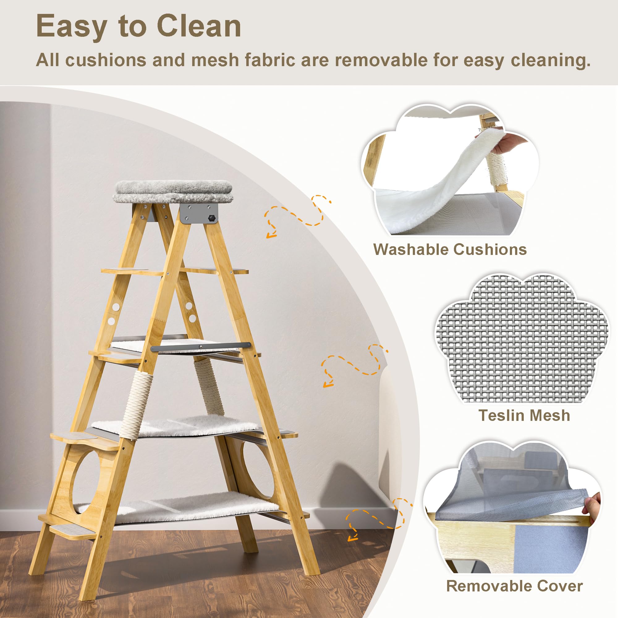 Gdlf Modern Wood Cat Tree Foldable Ladder Design With Hammock & Sisal Scratch Post, Solid Wood Tall Tower For Large Cat Easy Cle